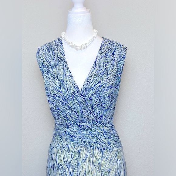 Coldwater Creek Faux Wrap Rushed Sleeve Less Midi Multicolor Dress Size Petite 6 - Picture 2 of 6